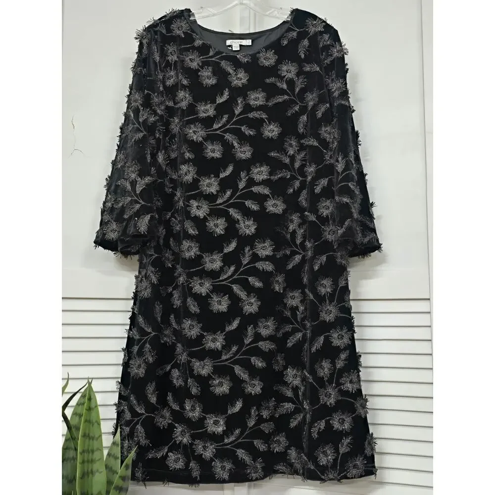 Chico’s Dress 3D Embroidered Floral Bell Sleeve Midi Black Velvet Size 2 Large